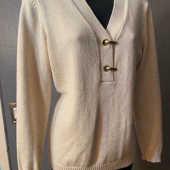 CHARTER CLUB Ivory and Gold Metallic Sweater with gold Hinged Closures - Picture 15 of 16